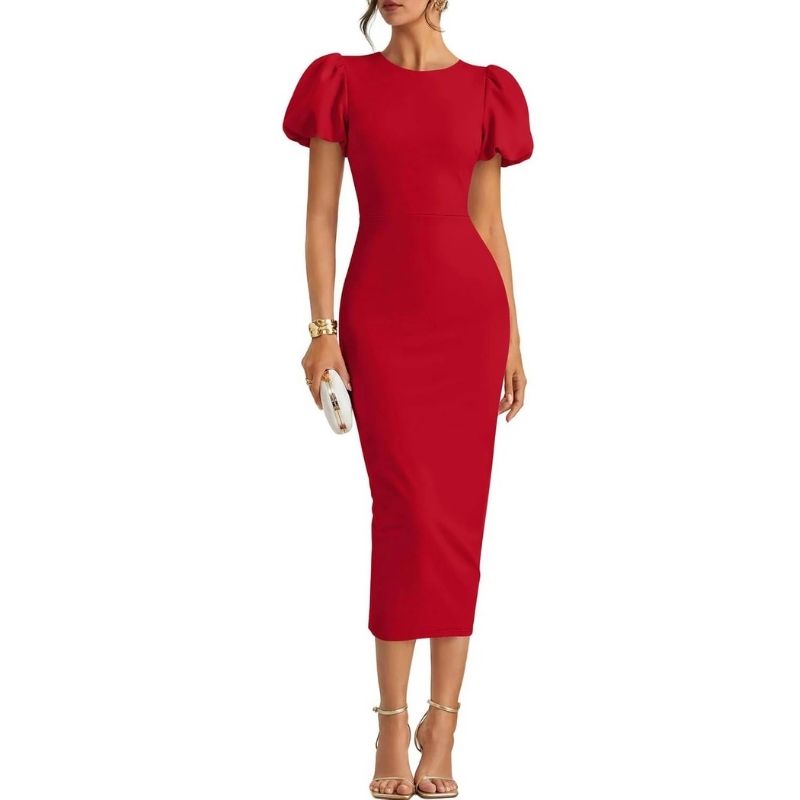 Womens Bodycon Midi Dress, Short Sleeve Wedding Guest Cocktail and Formal Dress