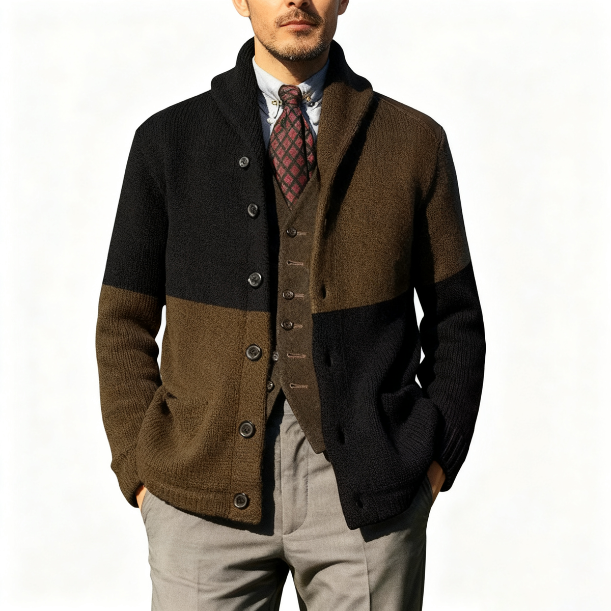 Contrast Knitted Jacket with Patchwork Color Blocking and Lapel Collar