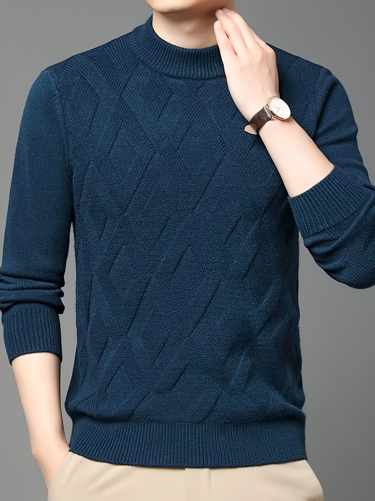 Mock Neck Sweater with Diagonal Knit Texture and Ribbed Collar