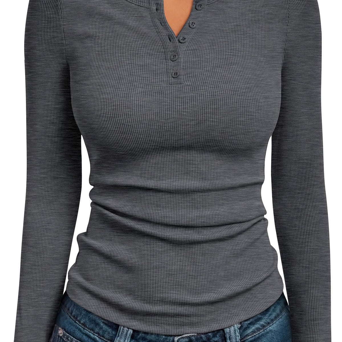 Ribbed Henley Top with Button Neckline and Long Sleeves, Close Fitting