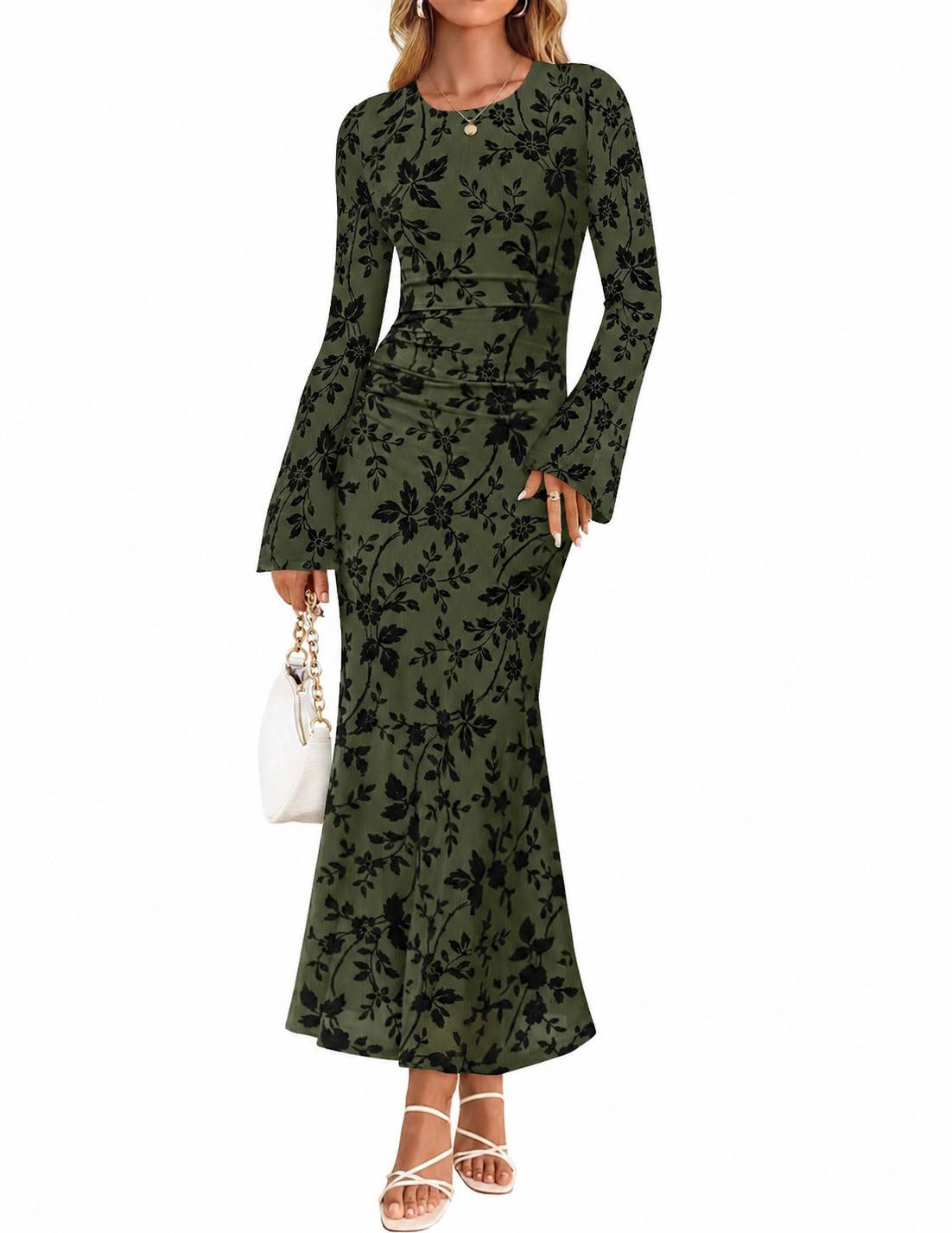 Womens Floral Maxi Dress, Long Sleeve Ruched Mesh Bodycon Dress, Elegant Fall Formal Dress