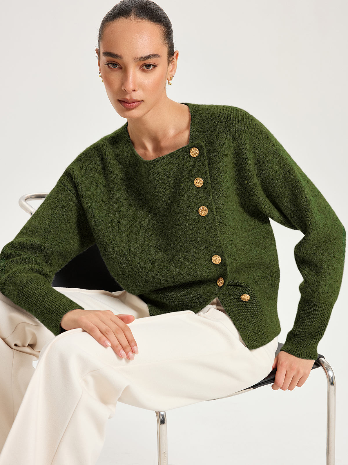 Knit Cardigan with Stretch Fit and Metal Button Details, Regular Thickness