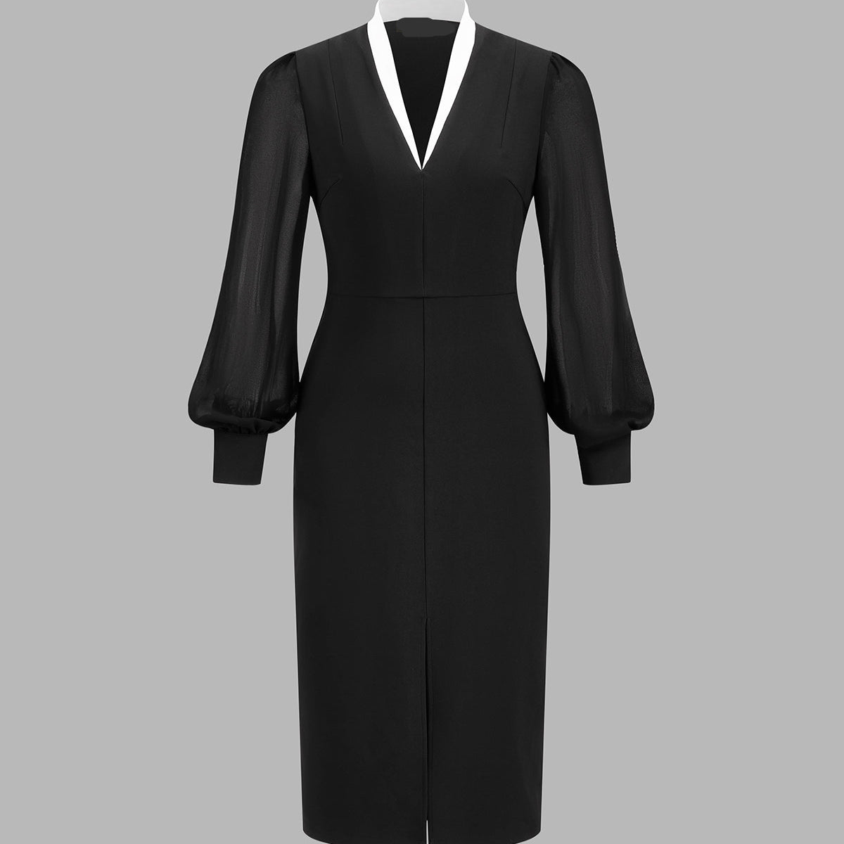 V-Neck Midi Dress with Long Sleeves and Invisible Zipper