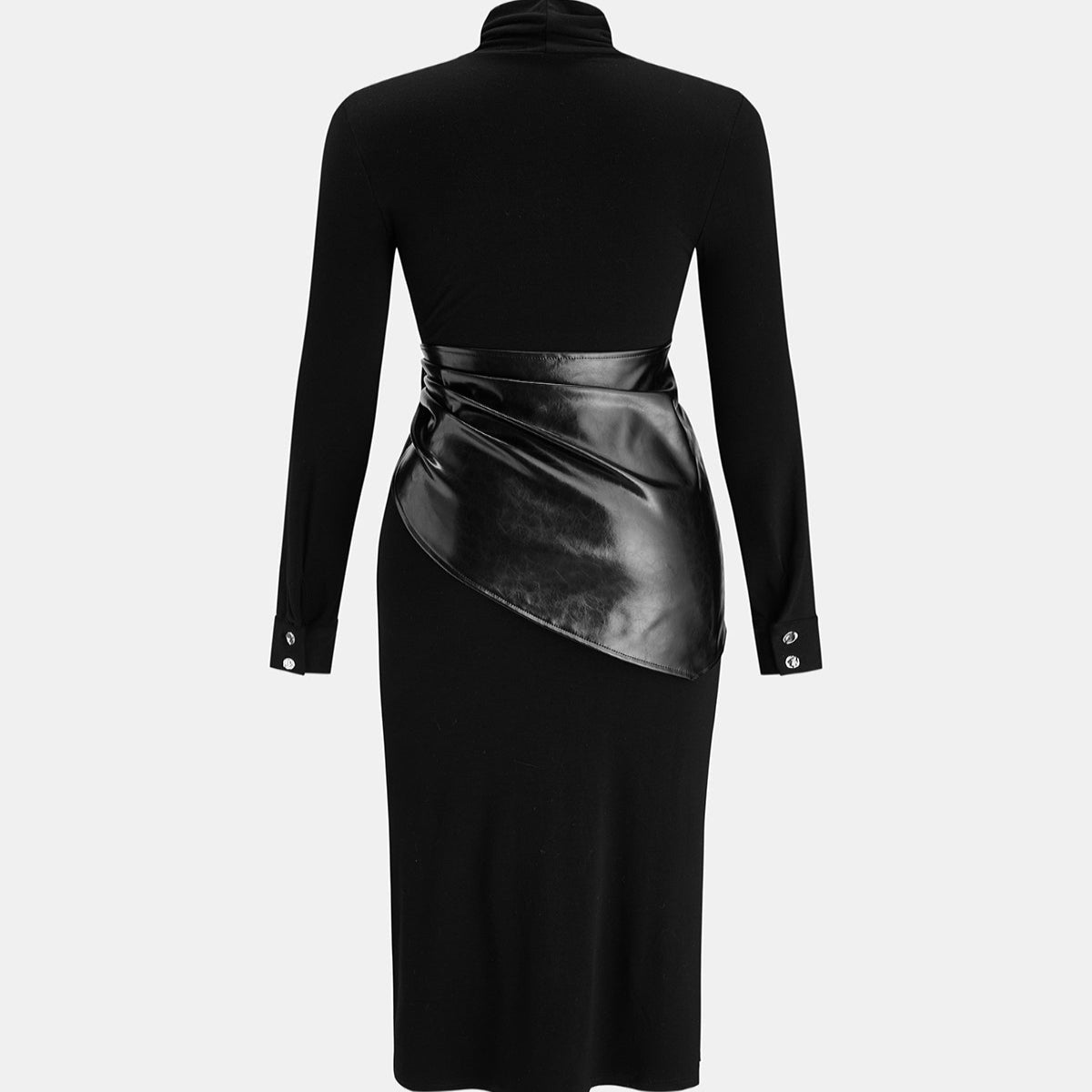 High Neck Slim Fit Maxi Dress with Attached Waist Belt and Long Sleeves