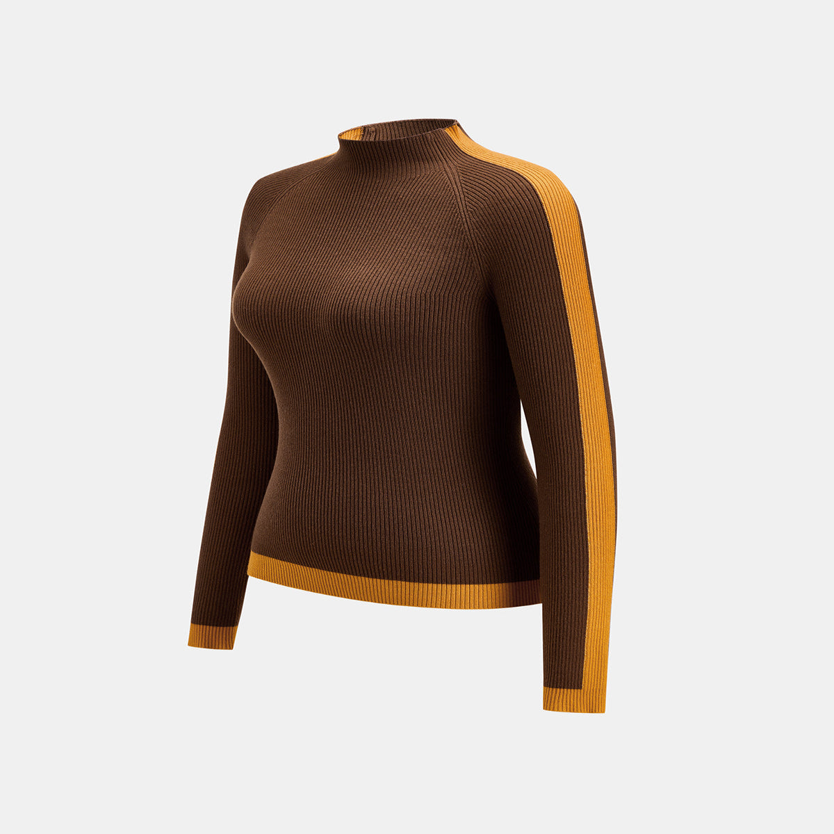 Mock Neck Ribbed Knit Sweater with Medium Stretch and Color Block Design