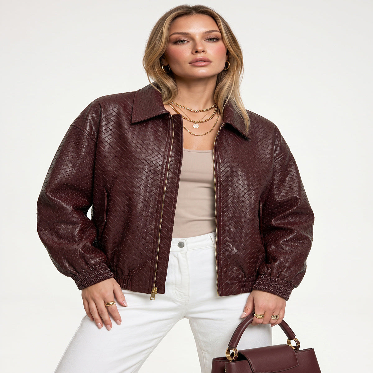 Faux Leather Jacket with Elastic Waistband and Full Lining, Long Sleeves