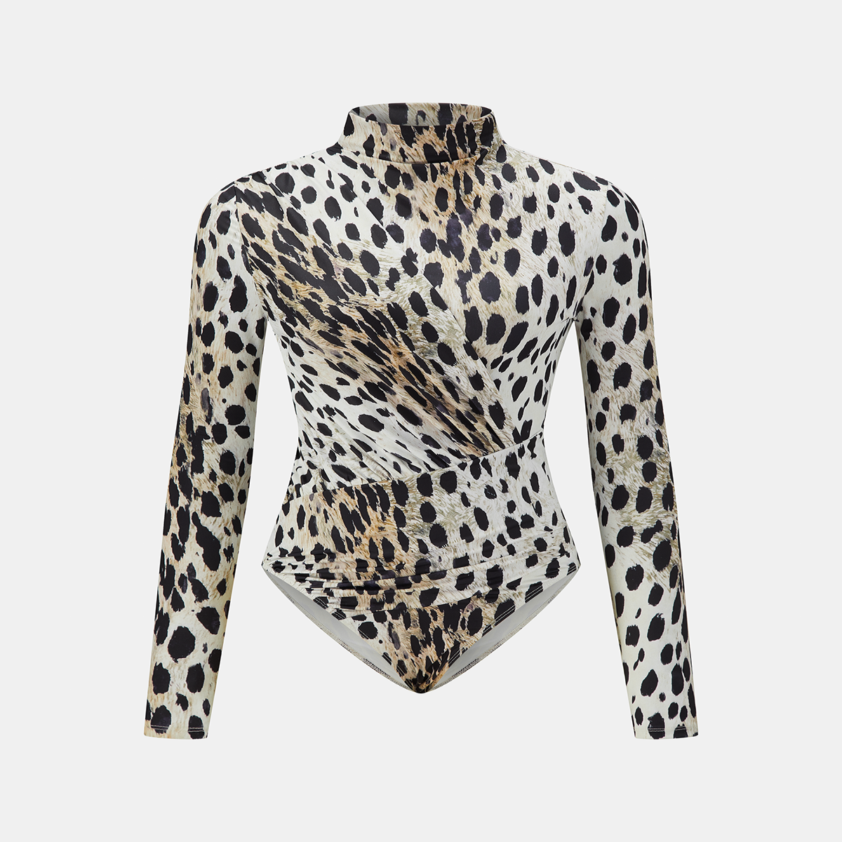 Funnel Neck Jersey Top with Leopard Print and Medium Stretch