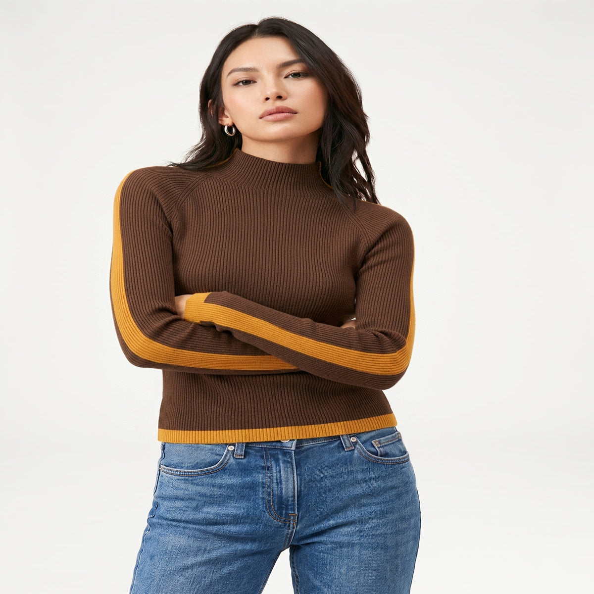 Mock Neck Ribbed Knit Sweater with Medium Stretch and Color Block Design