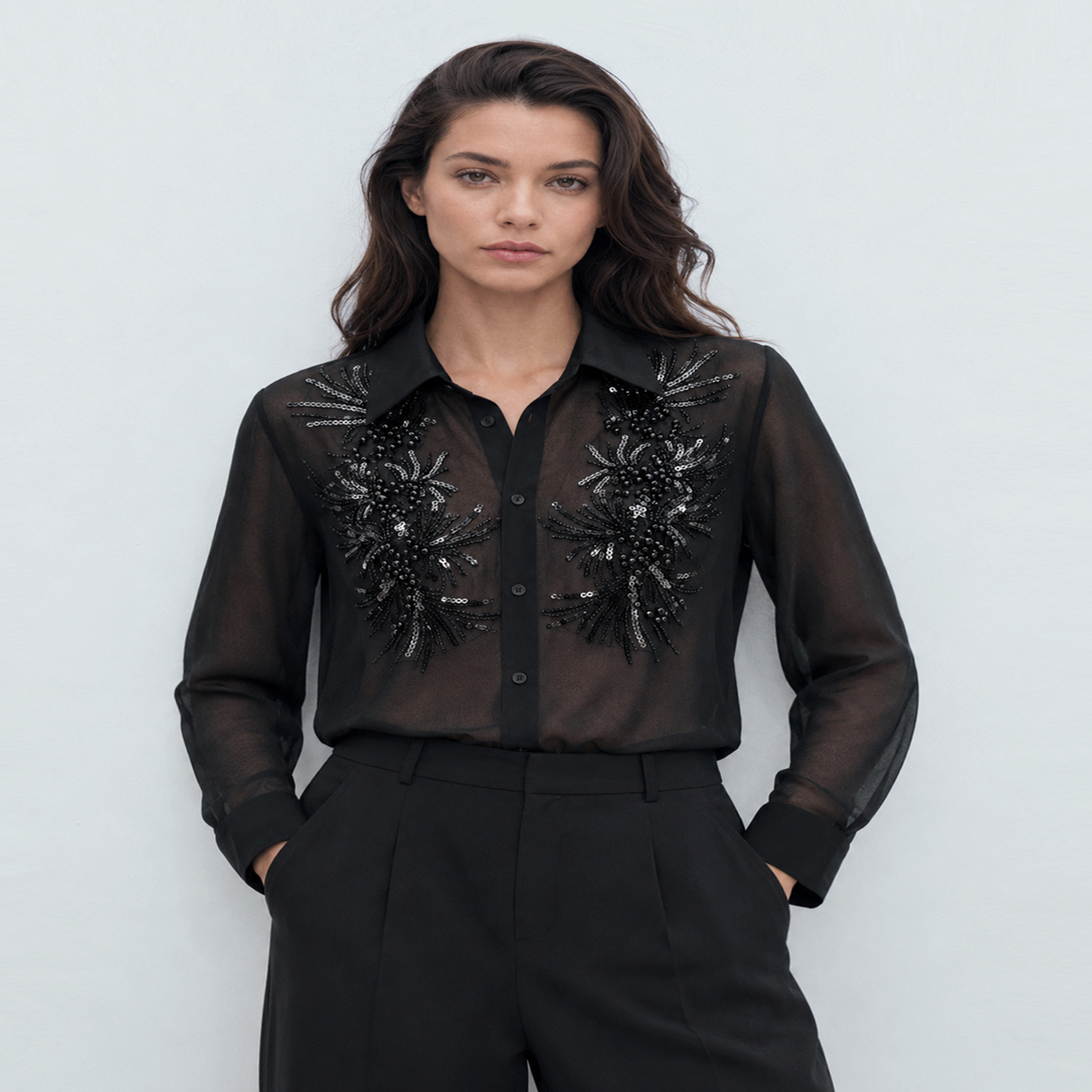 Collared Chiffon Blouse with Long Sleeves and Relaxed Fit