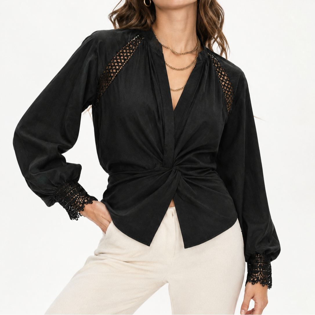 Semi Sheer Button Up Blouse with Long Sleeves and Built-In Lining, Half Open Collar
