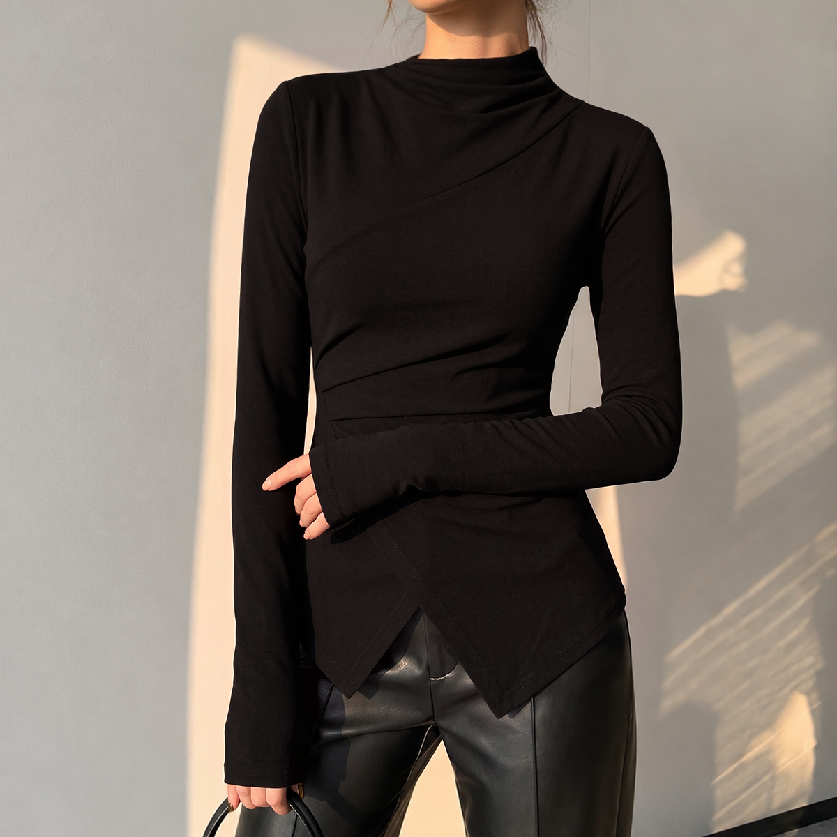 Rayon Jersey Top with Asymmetrical Neckline and Long Sleeves, Hip Length