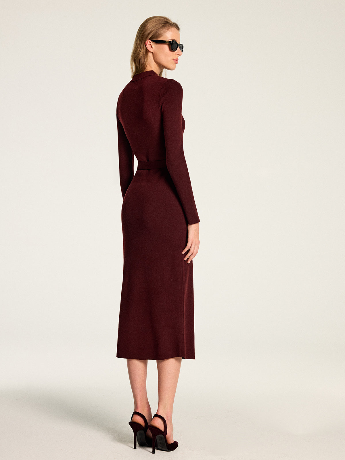 Midi Knit Dress with Adjustable Belt and High Stretch Blend