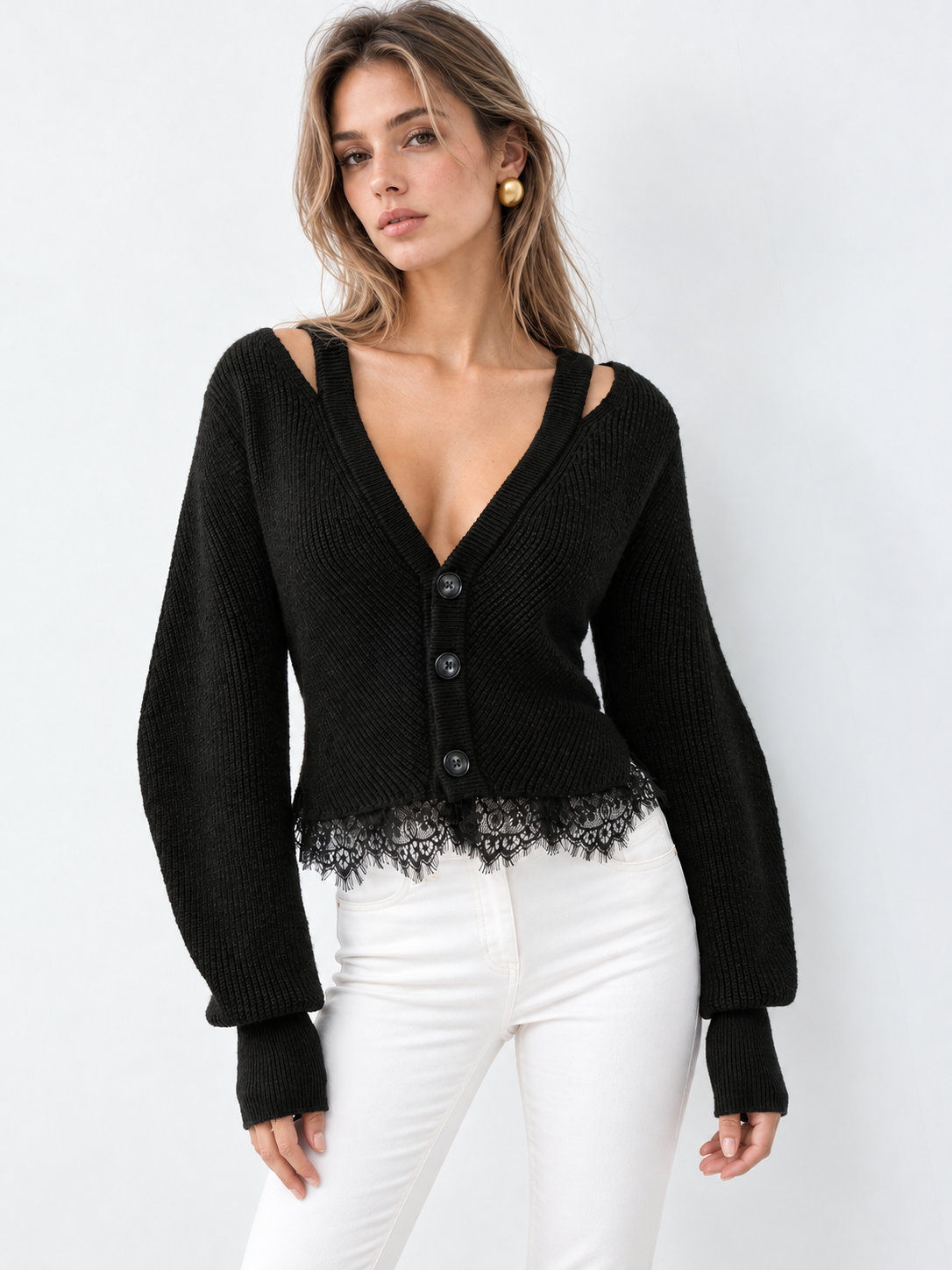 Lace Hem Button Front Cardigan with Slight Stretch and Regular Fit