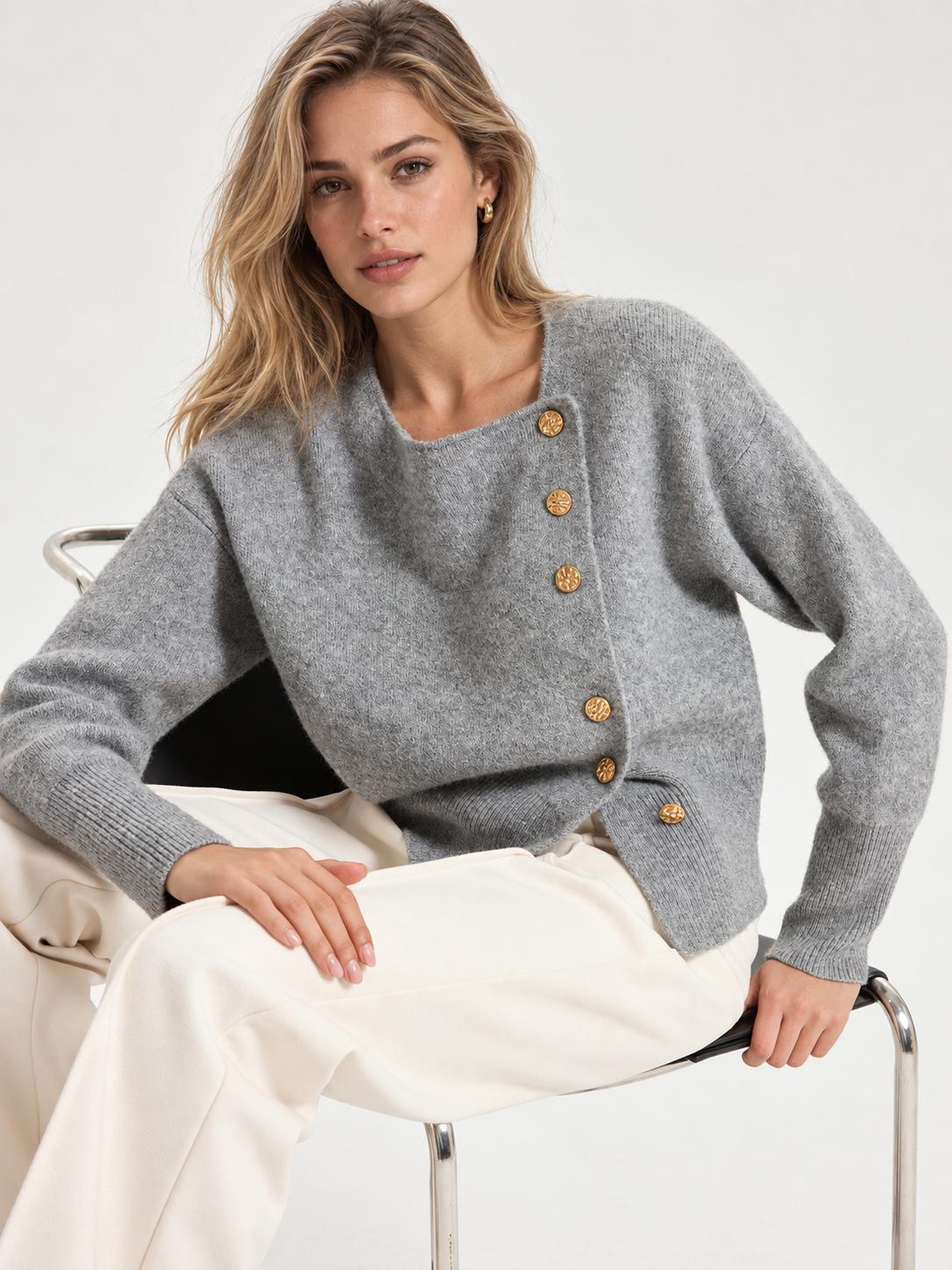 Knit Cardigan with Stretch Fit and Metal Button Details, Regular Thickness