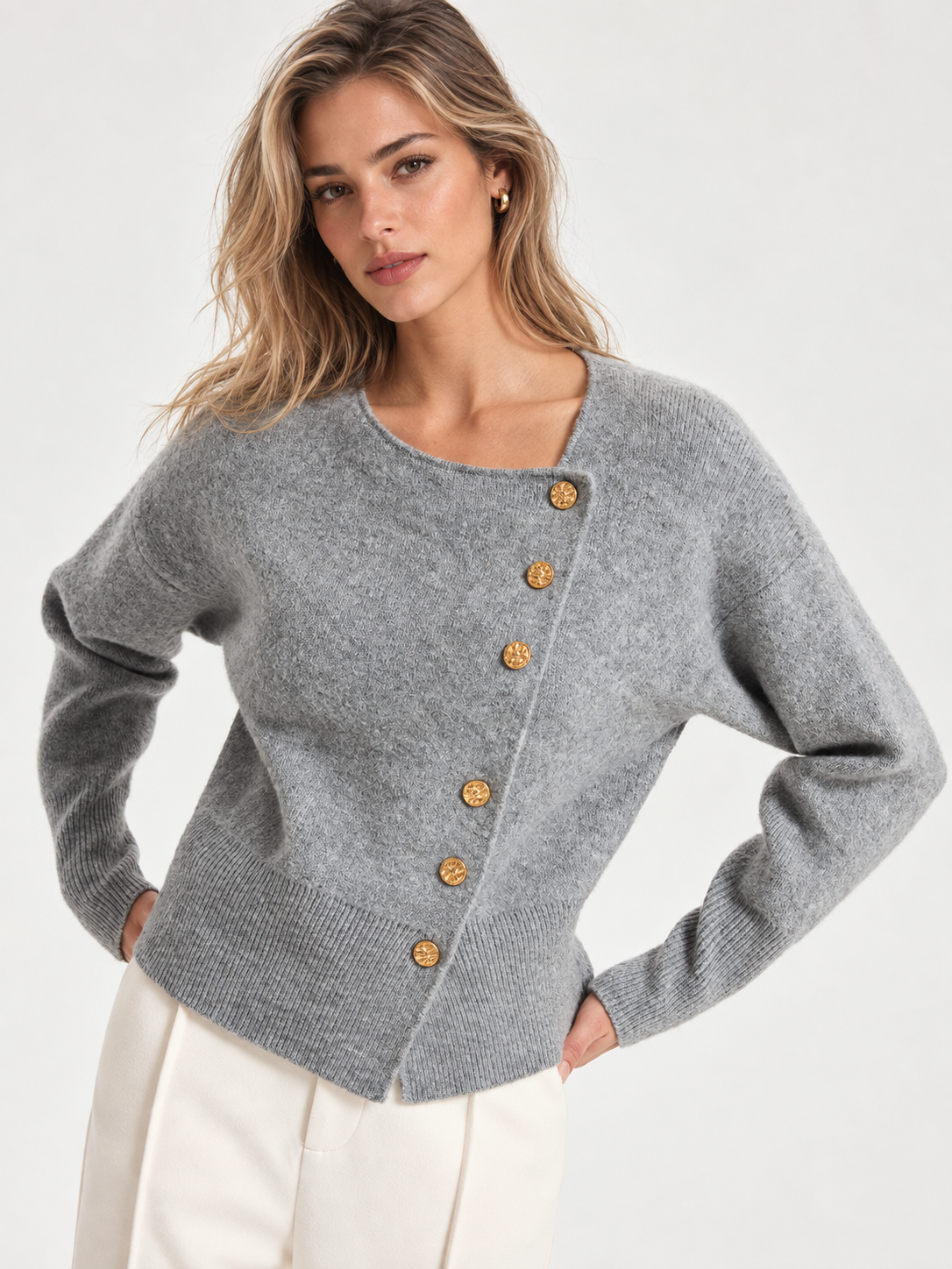 Knit Cardigan with Stretch Fit and Metal Button Details, Regular Thickness