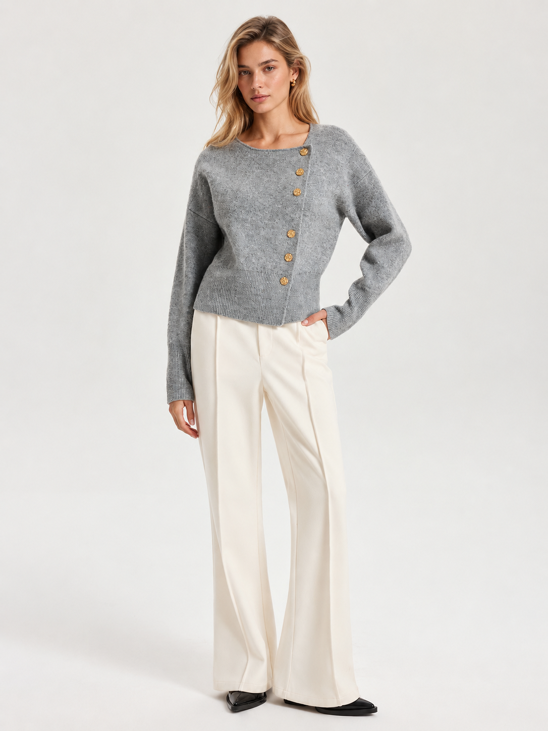 Knit Cardigan with Stretch Fit and Metal Button Details, Regular Thickness