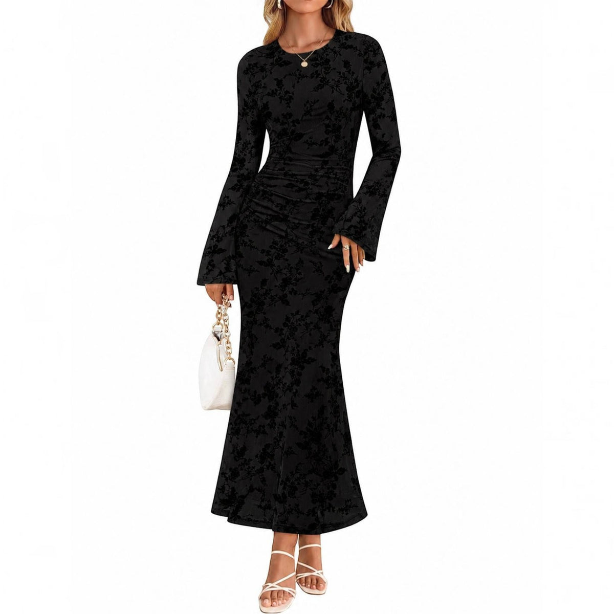 Womens Printed Maxi Dress, Long Sleeve Ruched Mesh Bodycon Dress, Elegant Fall Formal Dress