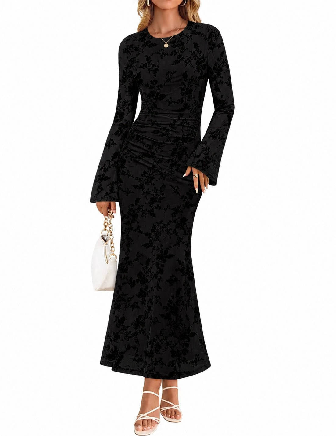 Womens Floral Maxi Dress, Long Sleeve Ruched Mesh Bodycon Dress, Elegant Fall Formal Dress