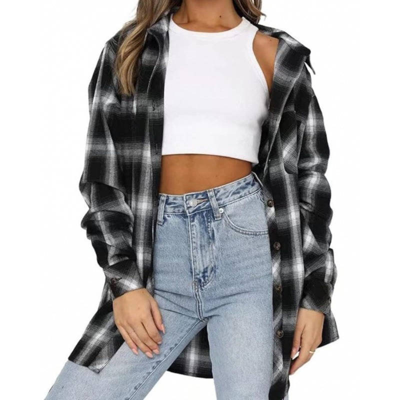 Women's Flannel Plaid Shirt, Soft Button Down Shirt, Roll Up Long Sleeve Flannel Plaid Blouse for Women