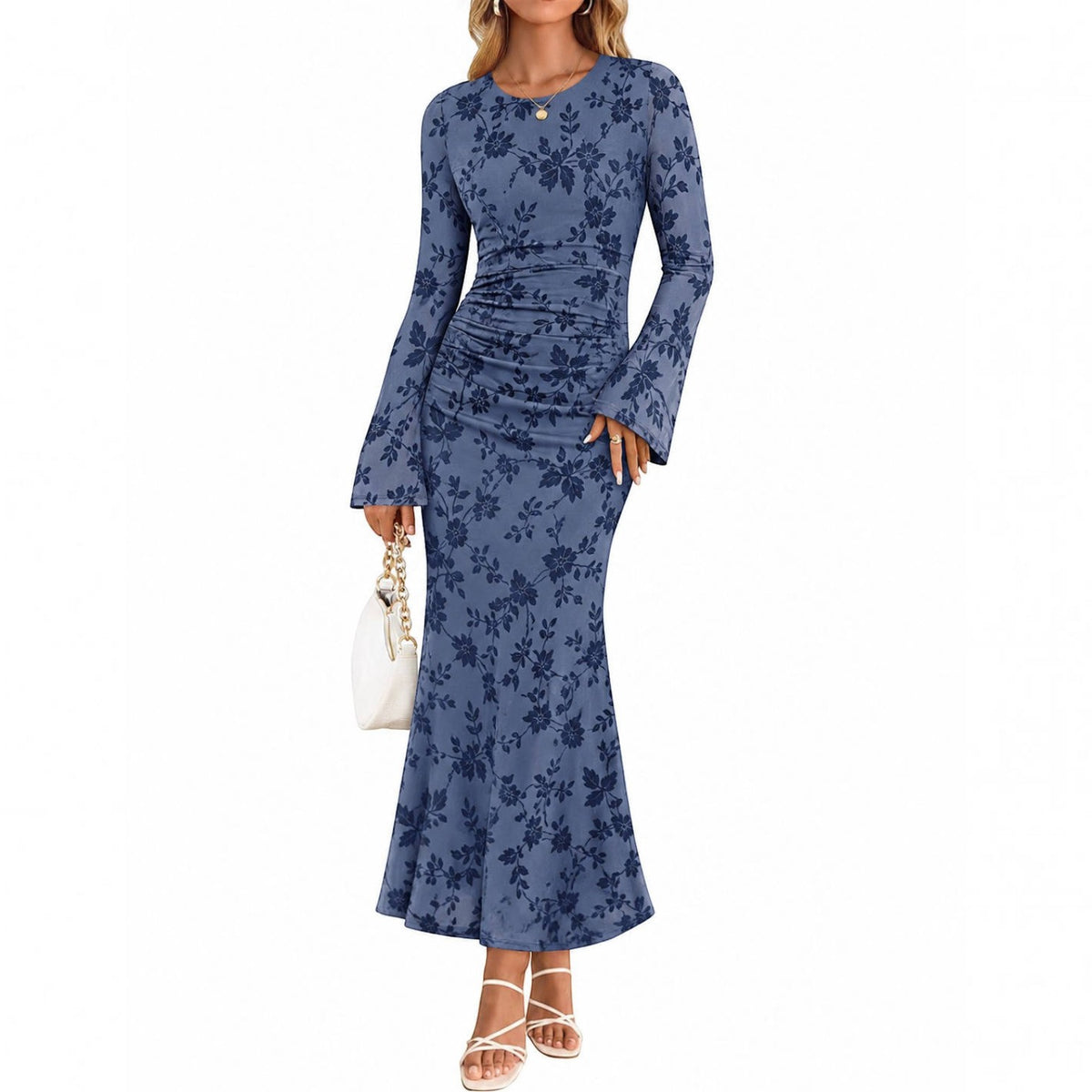 Womens Printed Maxi Dress, Long Sleeve Ruched Mesh Bodycon Dress, Elegant Fall Formal Dress