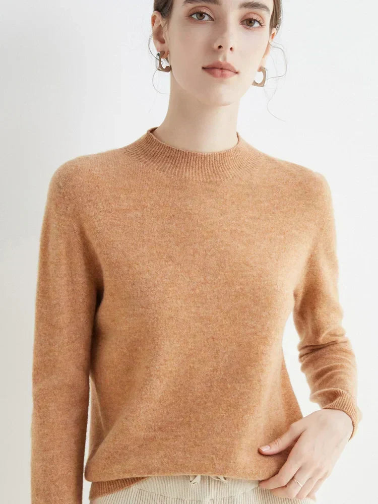Women Knitted Mock Turtleneck Sweater with Ribbed Hem and Cuffs