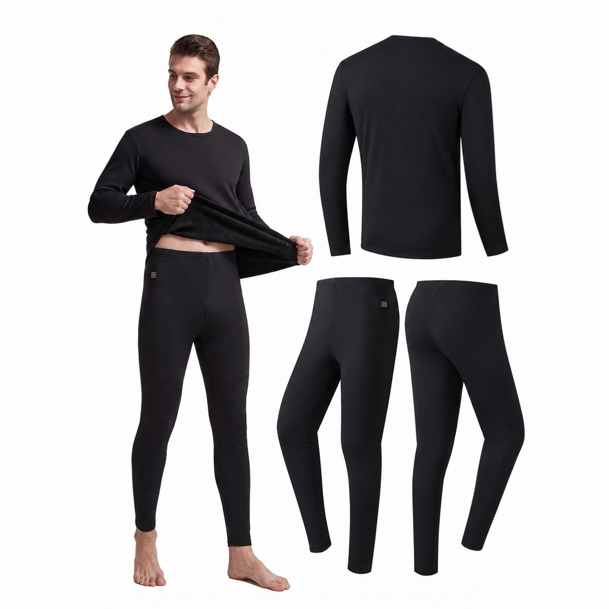 Mens Heated Thermal Underwear Set, 8 Heating Zones, Heated Shirt and Pants with 2x10000mAh Batteries