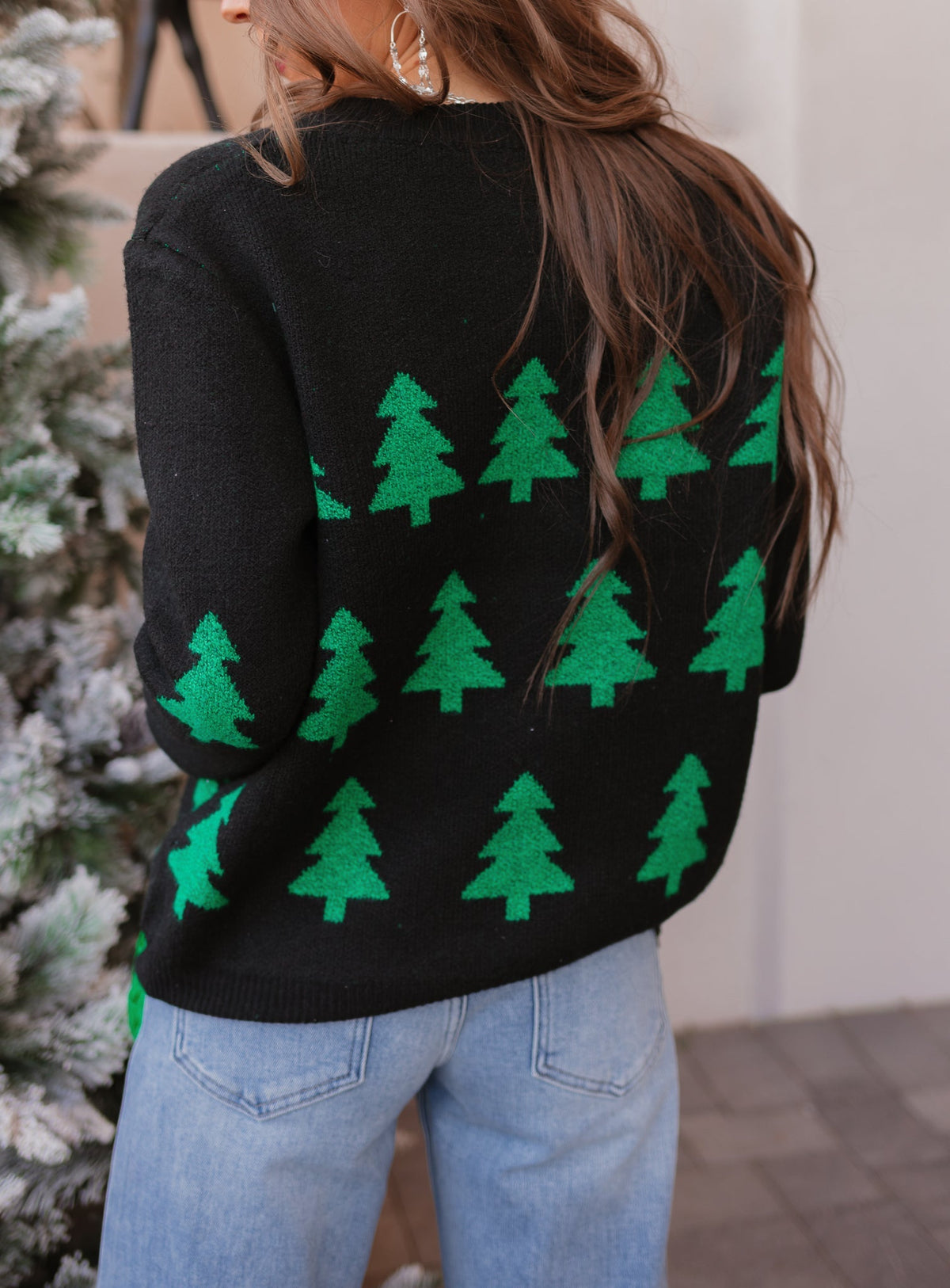 Pullover Sweater with Christmas Tree Knit Pattern and Ribbed Trim