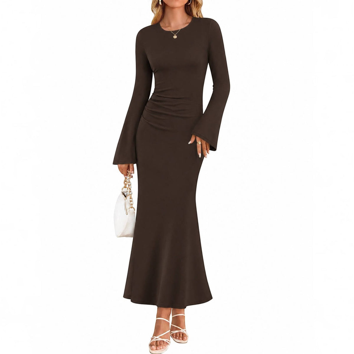 Womens Printed Maxi Dress, Long Sleeve Ruched Mesh Bodycon Dress, Elegant Fall Formal Dress