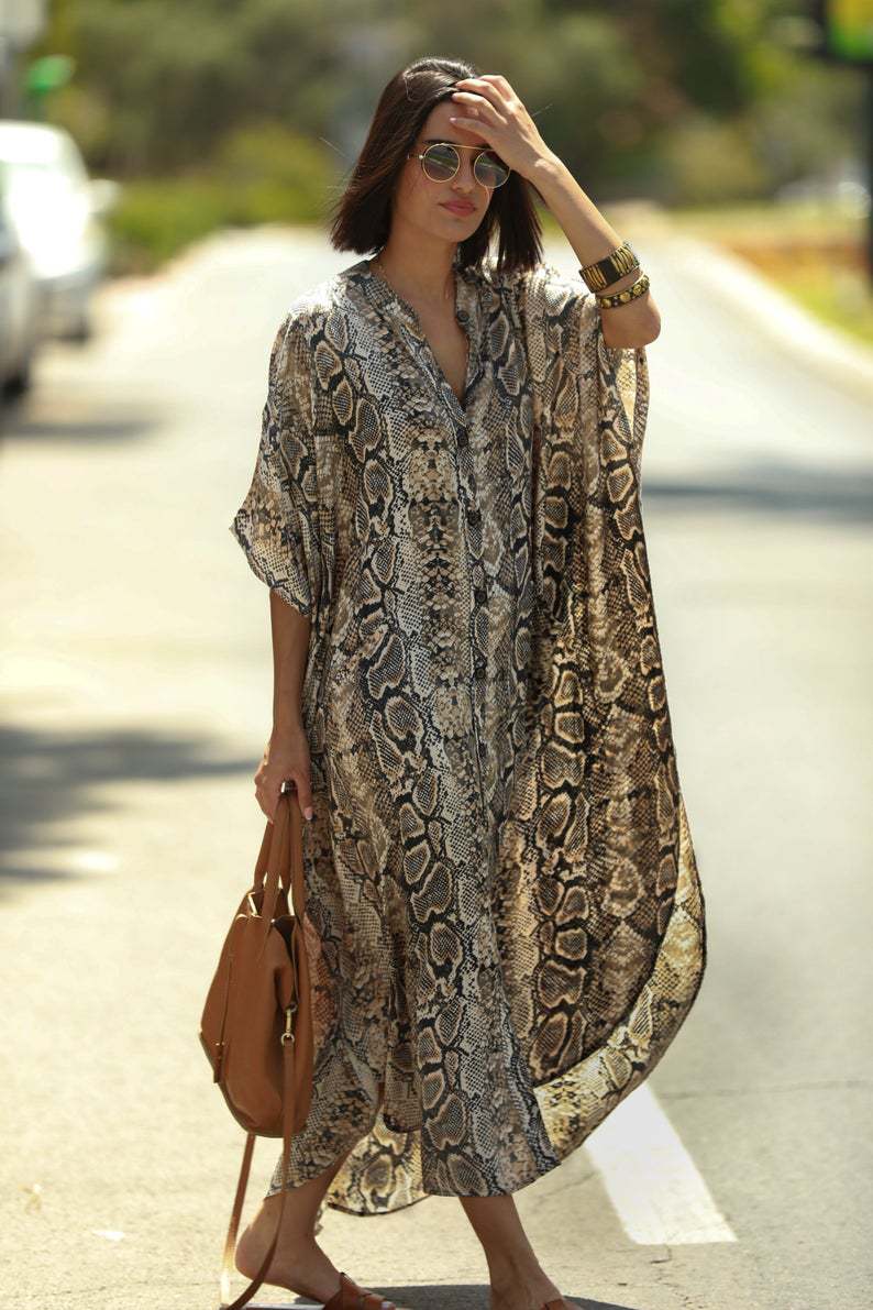 Moomoo Dresses for Women, Plus Size Ethnic Print Kaftan Dress, Mrs Roper Bubu Mumu Boho V Neck 3/4 Sleeve Tunic