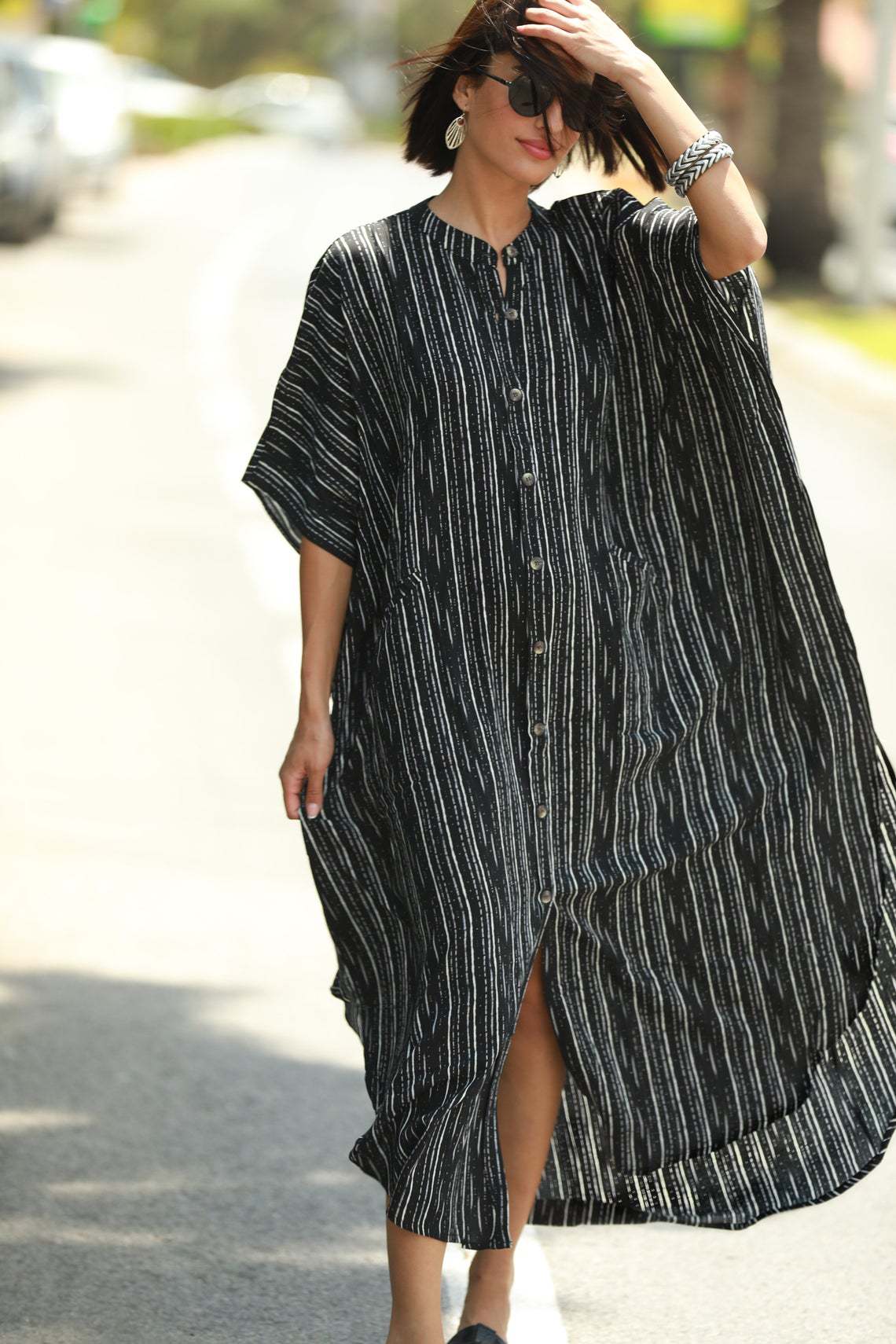 Moomoo Dresses for Women, Plus Size Ethnic Print Kaftan Dress, Mrs Roper Bubu Mumu Boho V Neck 3/4 Sleeve Tunic