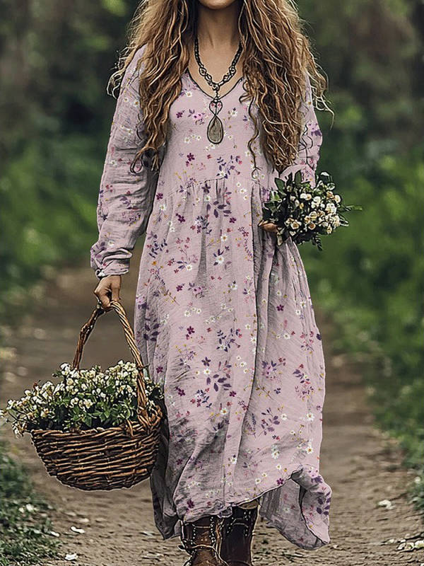 Womens Vintage Western Style V Neck Maxi Dress, Long Casual Dress for Everyday Wear