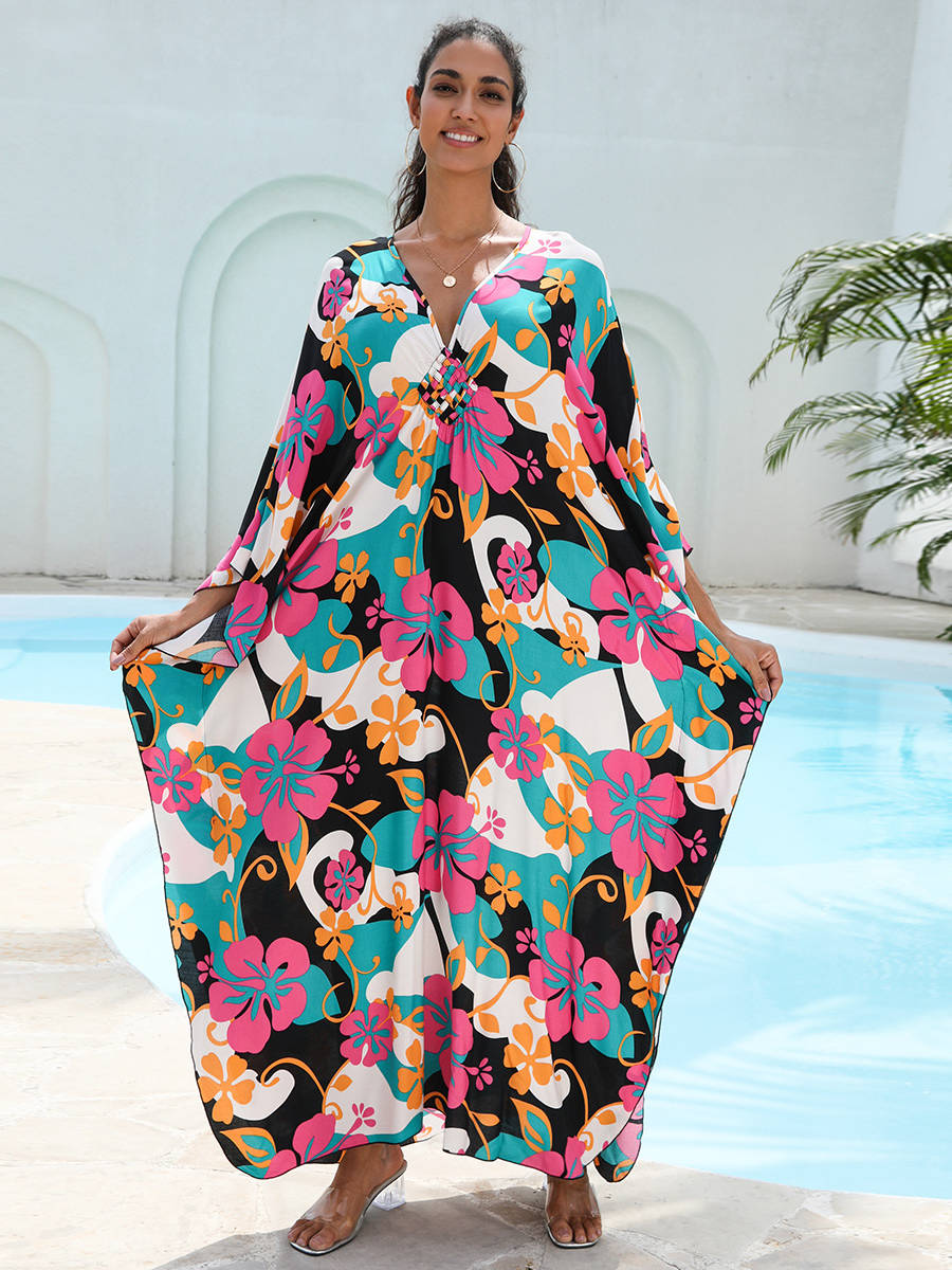 Moomoo Dresses for Women, Plus Size Hawaiian Batwing Sleeve Kaftan Beach Cover Up Dress