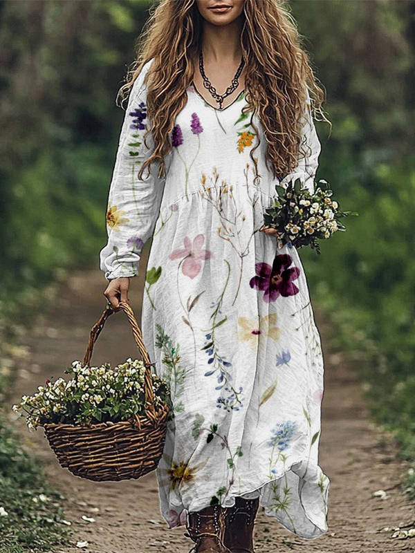 Womens Vintage Western Style V Neck Maxi Dress, Long Casual Dress for Everyday Wear