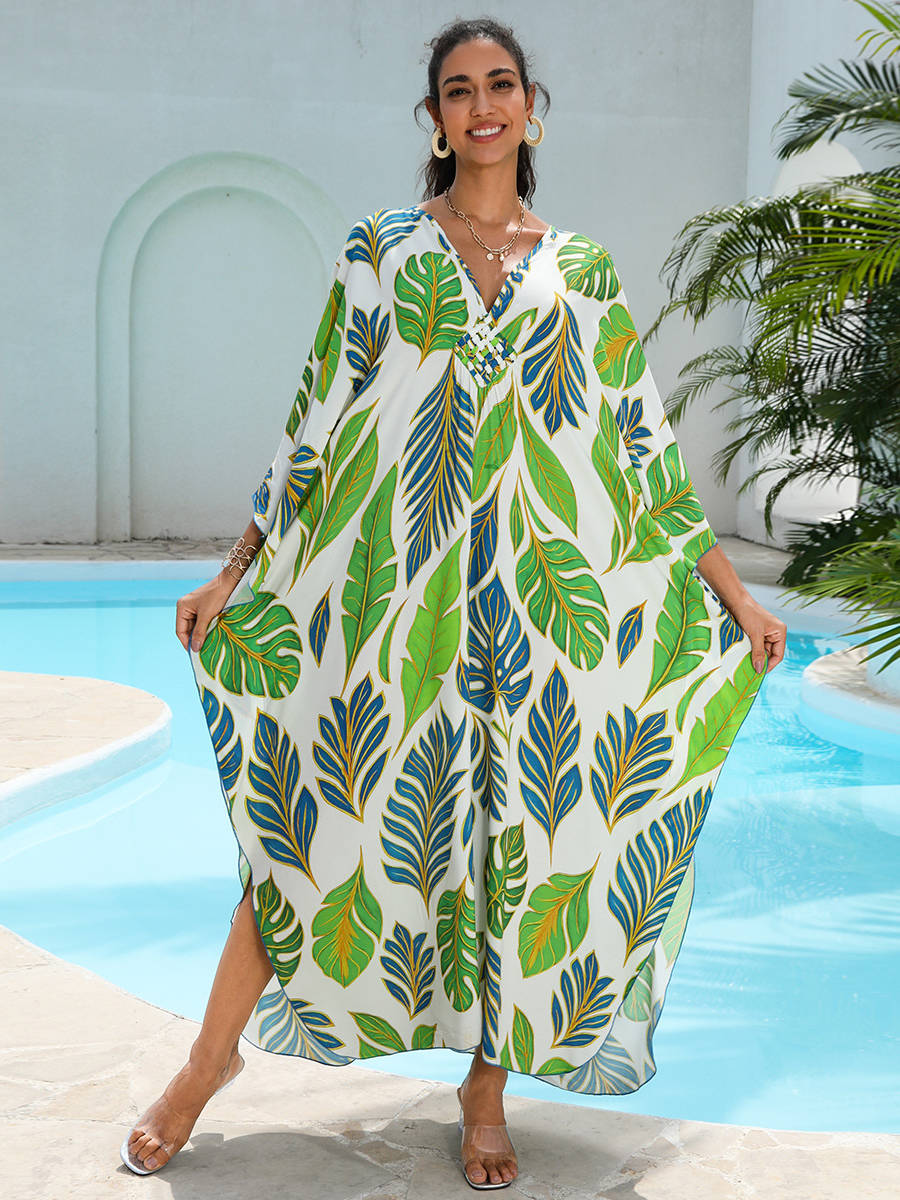 Moomoo Dresses for Women, Plus Size Hawaiian Batwing Sleeve Kaftan Beach Cover Up Dress