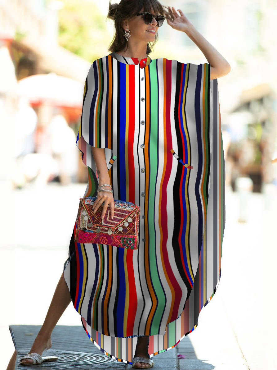 Moomoo Dresses for Women, Plus Size Ethnic Print Kaftan Dress, Mrs Roper Bubu Mumu Boho V Neck 3/4 Sleeve Tunic