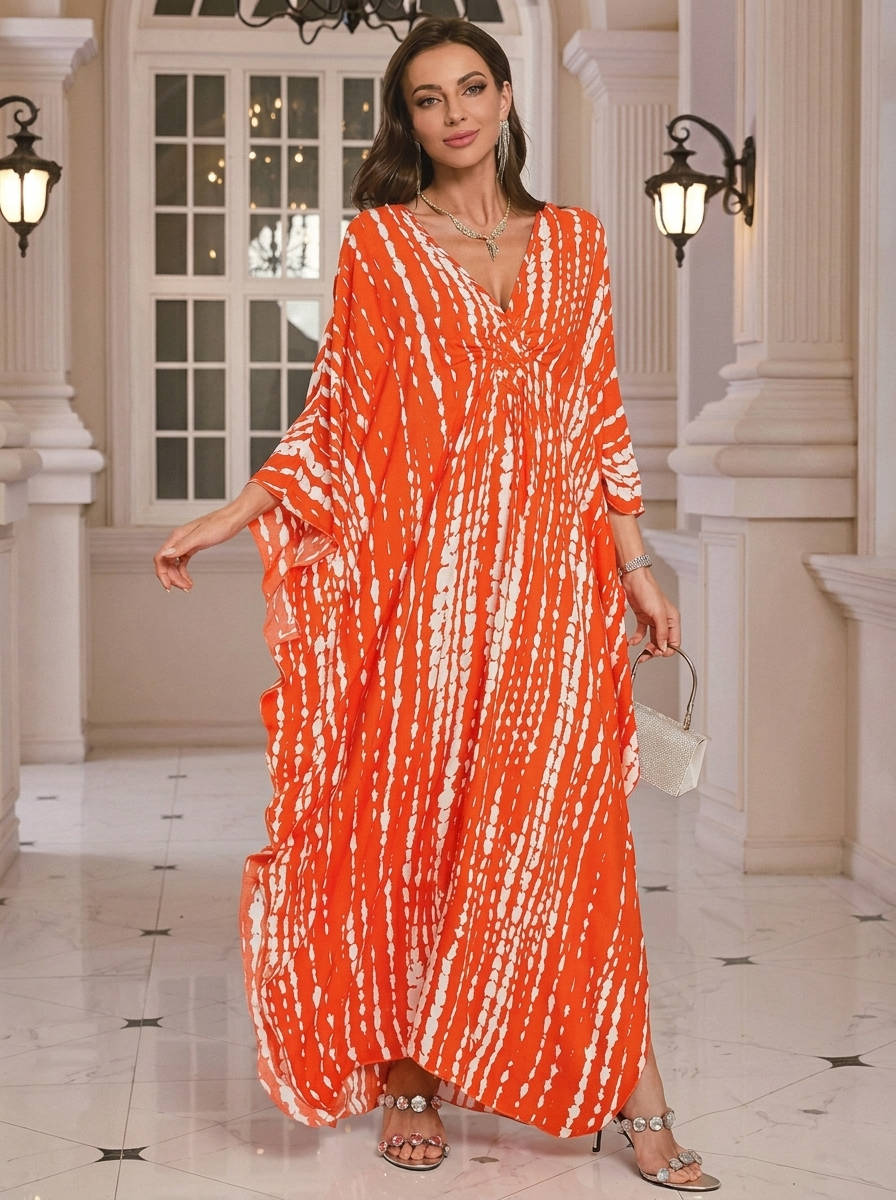 Moomoo Dresses for Women, Plus Size V Neck Batwing Sleeve Floral Kaftan Beach Cover Up Dress