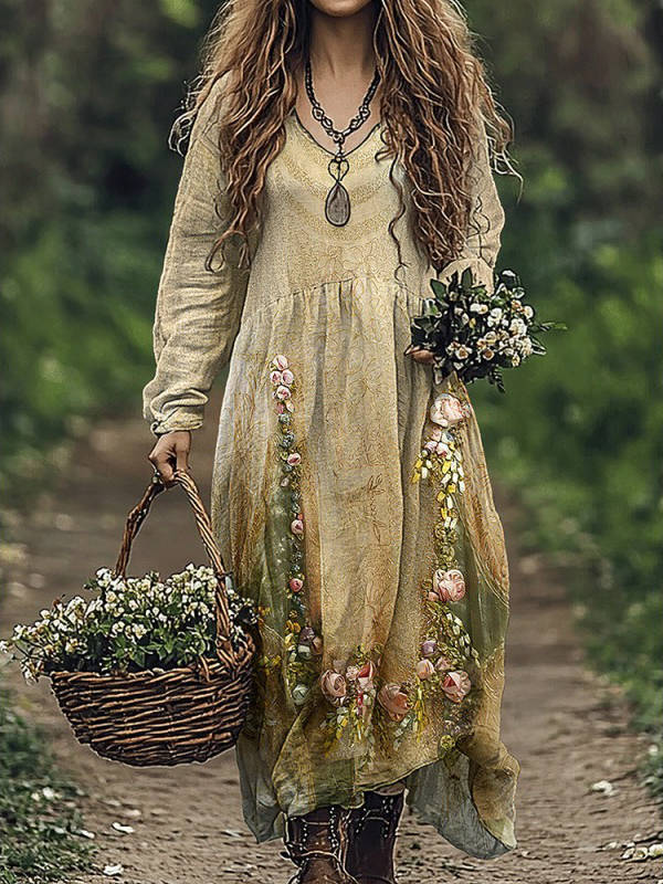 Womens Vintage Western Style V Neck Maxi Dress, Long Casual Dress for Everyday Wear