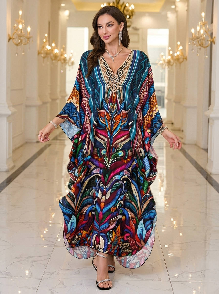 Moomoo Dresses for Women, Plus Size V Neck Batwing Sleeve Floral Kaftan Beach Cover Up Dress