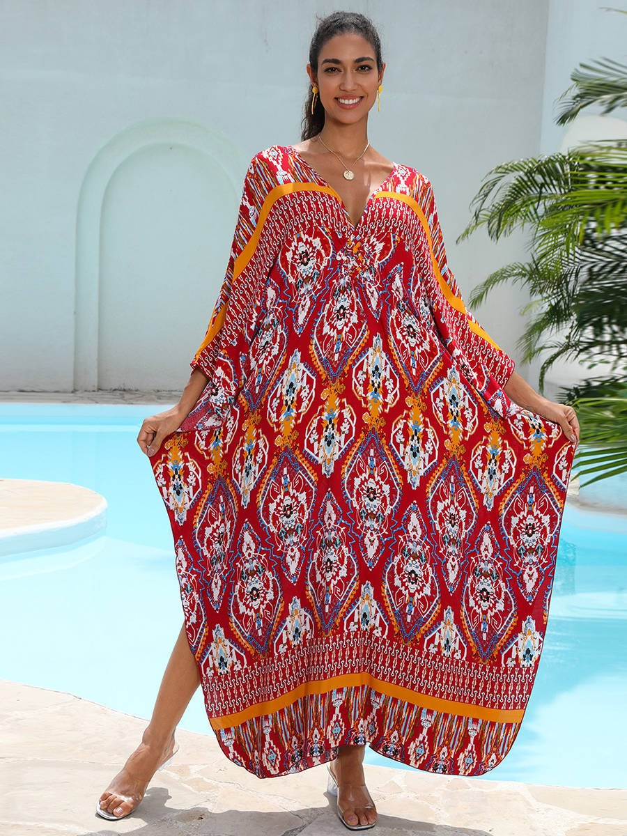 Moomoo Dresses for Women, Plus Size Hawaiian Batwing Sleeve Kaftan Beach Cover Up Dress