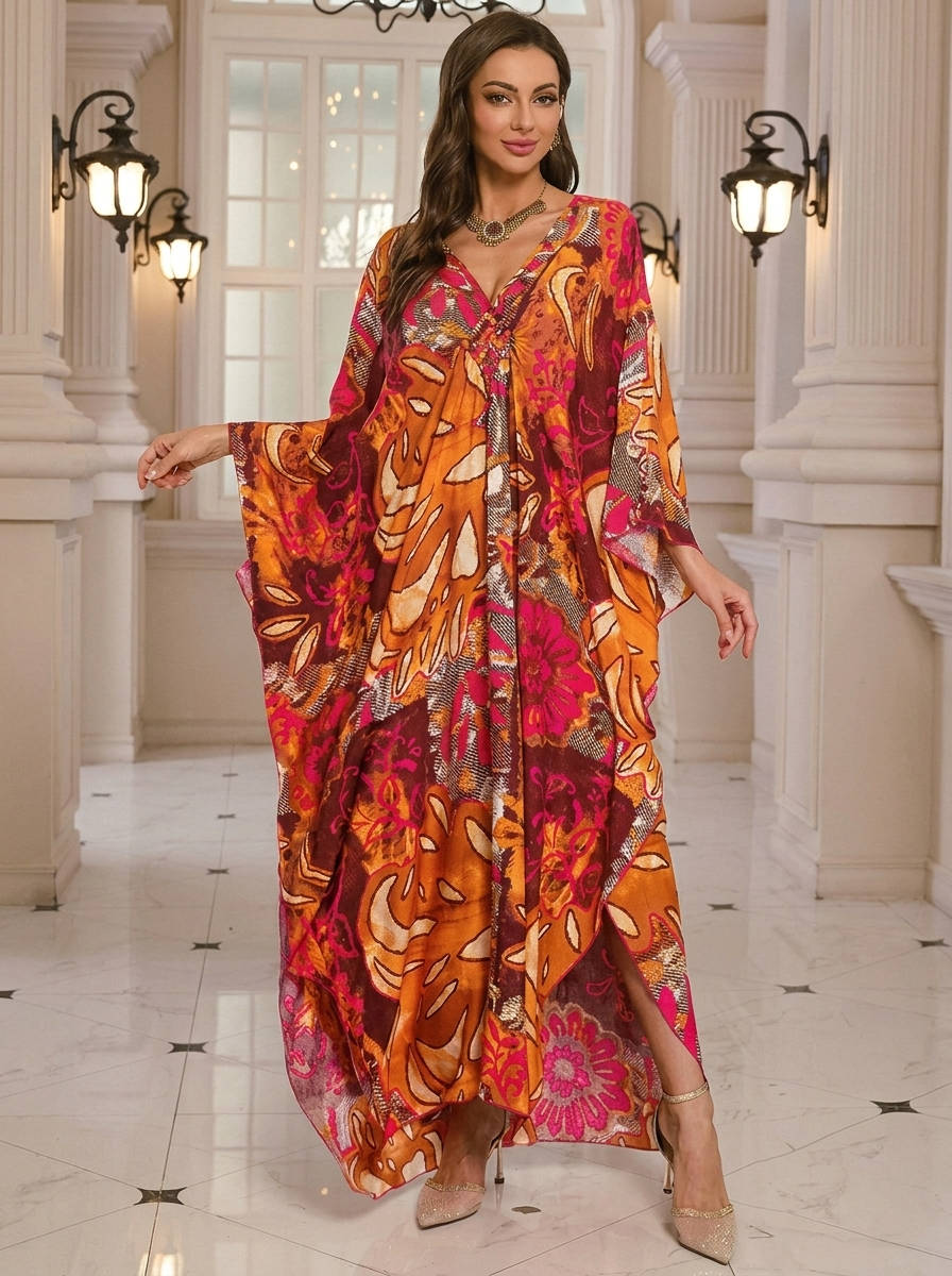 Moomoo Dresses for Women, Plus Size V Neck Batwing Sleeve Floral Kaftan Beach Cover Up Dress