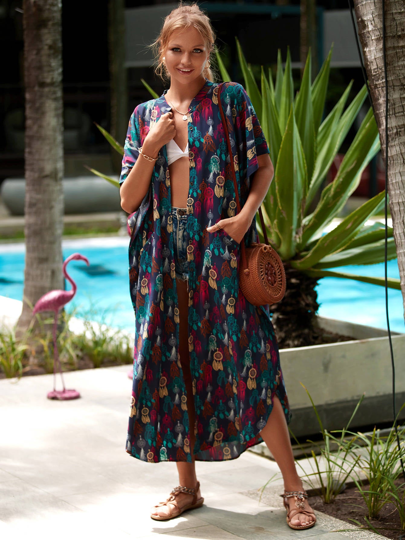 Moomoo Dresses for Women, Plus Size Ethnic Print Kaftan Dress, Mrs Roper Bubu Mumu Boho V Neck 3/4 Sleeve Tunic