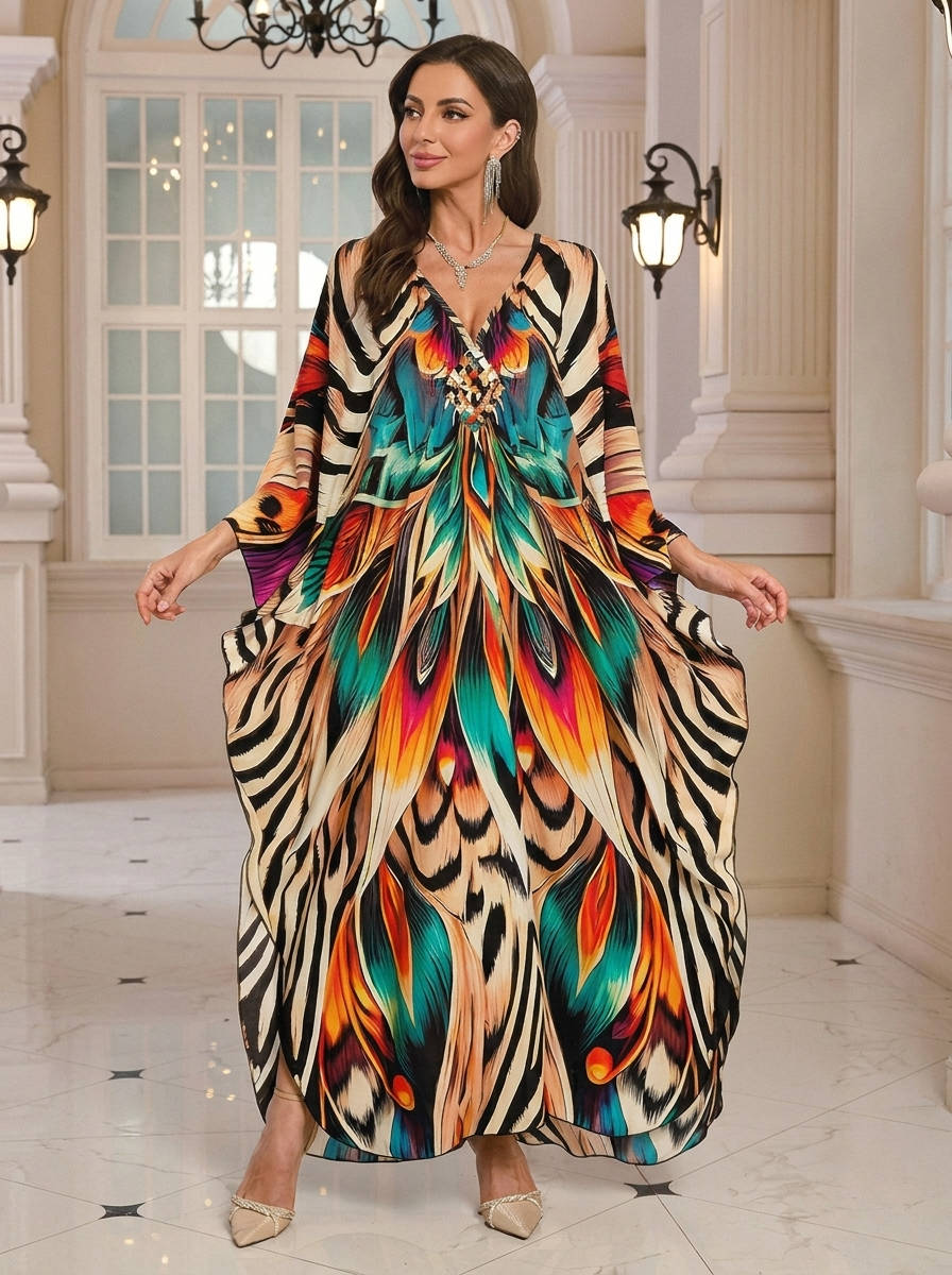 Moomoo Dresses for Women, Plus Size V Neck Batwing Sleeve Floral Kaftan Beach Cover Up Dress