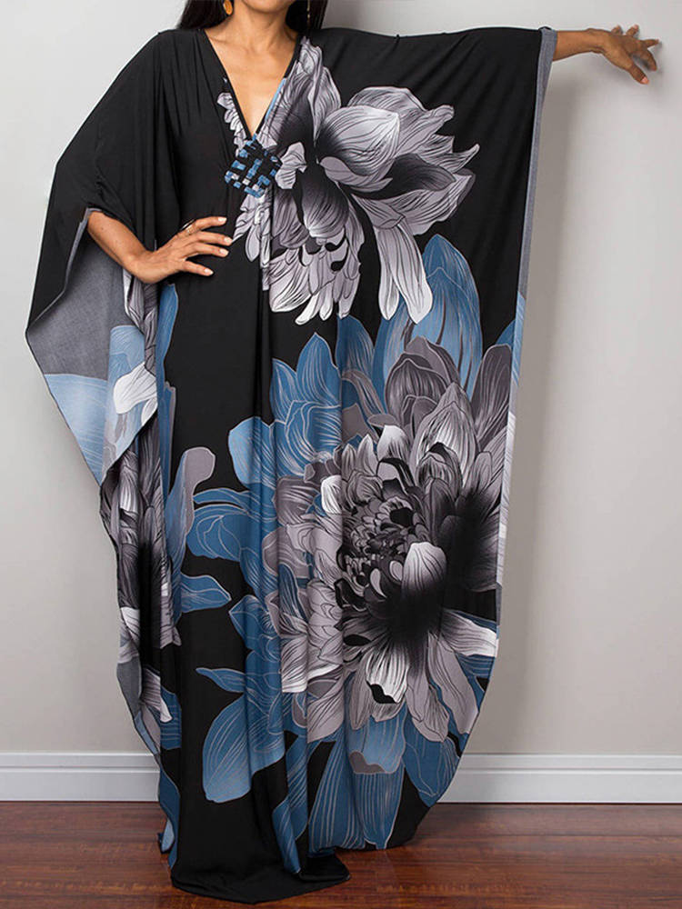 Moomoo Dresses for Women, Plus Size Ethnic Print Kaftan Dress, Mrs. Roper Bubu Mumu Boho Swimsuit Cover Up