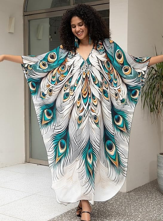 Moomoo Dresses for Women, Plus Size Hawaiian Batwing Sleeve Kaftan Beach Cover Up Dress