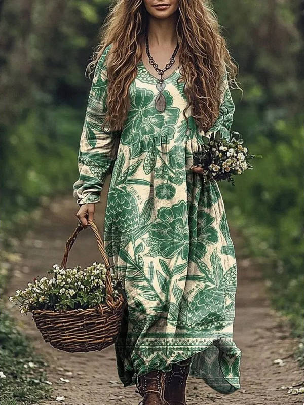 Womens Vintage Western Style V Neck Maxi Dress, Long Casual Dress for Everyday Wear