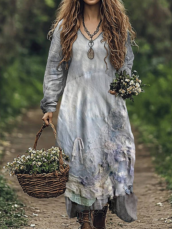 Womens Vintage Western Style V Neck Maxi Dress, Long Casual Dress for Everyday Wear