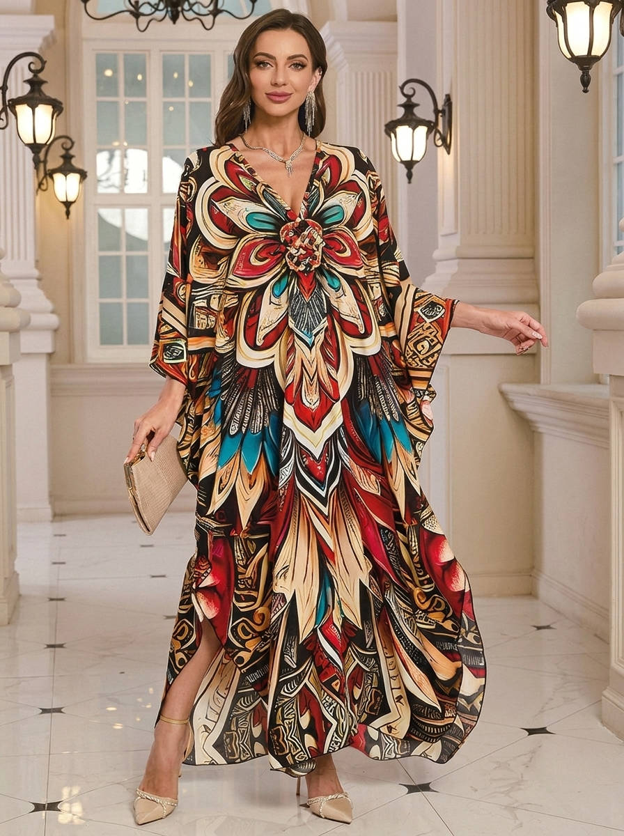 Moomoo Dresses for Women, Plus Size V Neck Batwing Sleeve Floral Kaftan Beach Cover Up Dress
