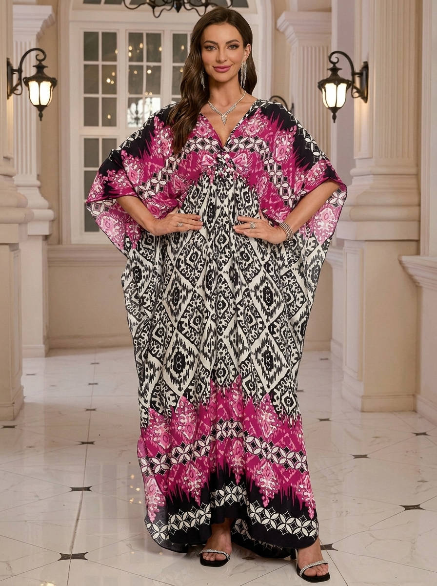 Moomoo Dresses for Women, Plus Size V Neck Batwing Sleeve Floral Kaftan Beach Cover Up Dress