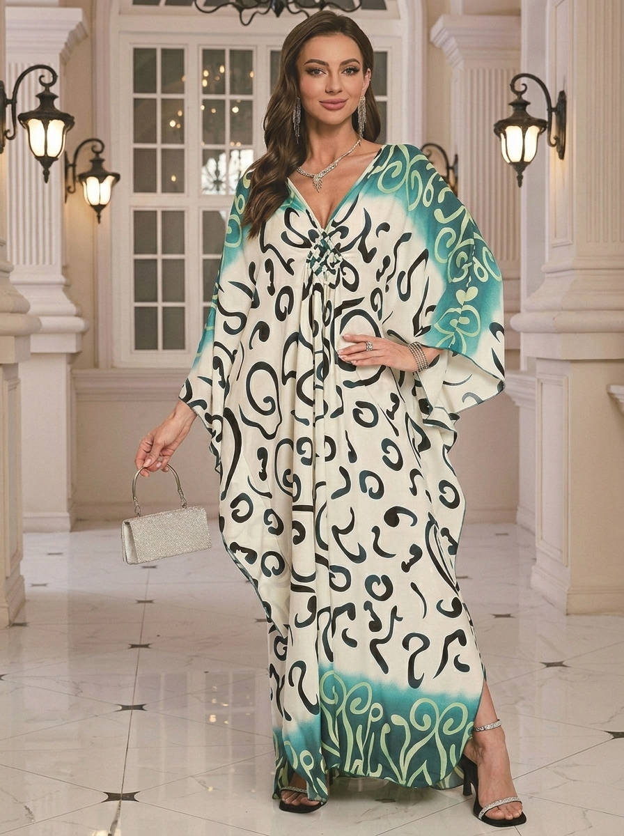 Moomoo Dresses for Women, Plus Size V Neck Batwing Sleeve Floral Kaftan Beach Cover Up Dress
