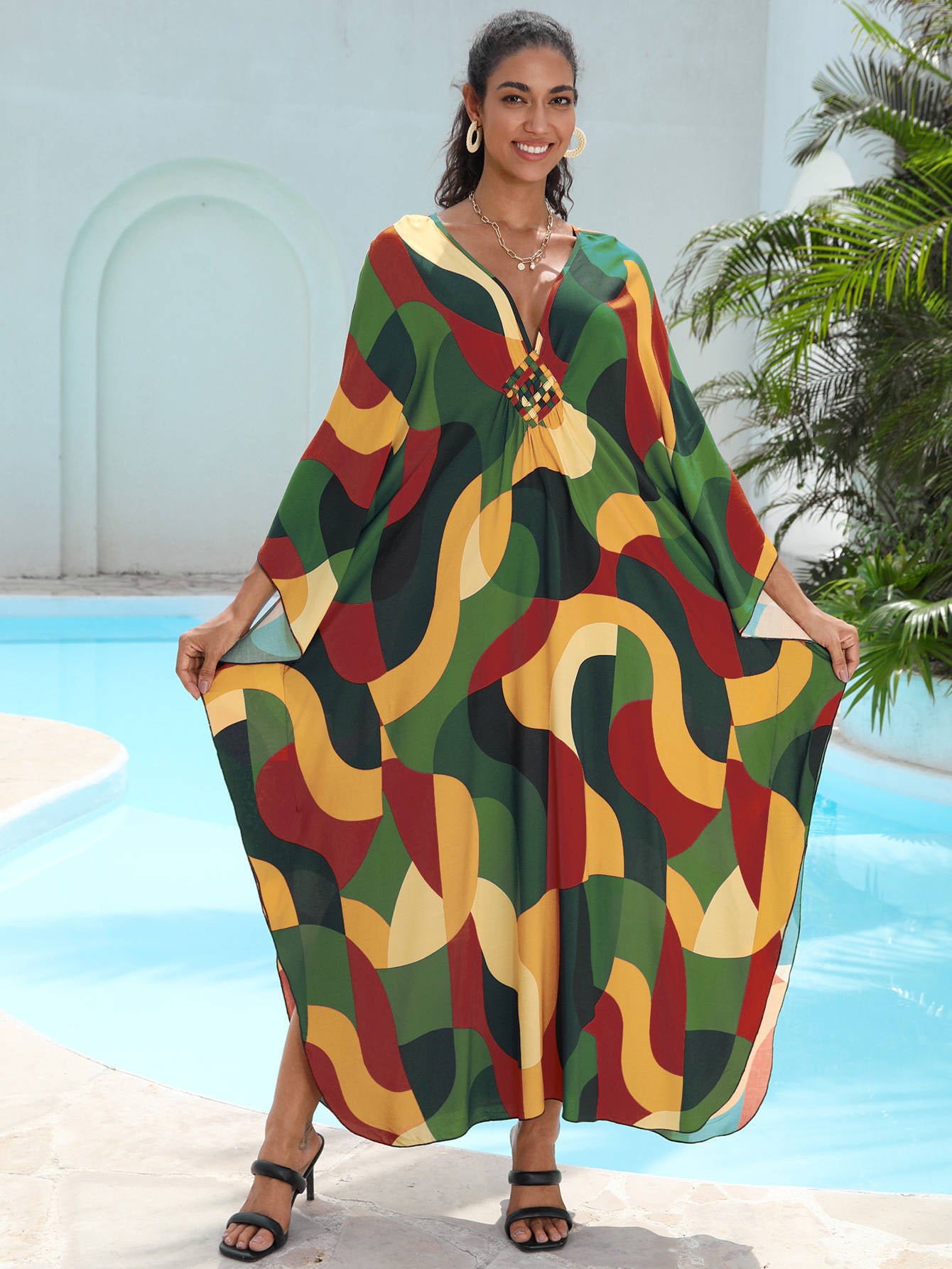 Moomoo Dresses for Women, Plus Size Hawaiian Batwing Sleeve Kaftan Beach Cover Up Dress